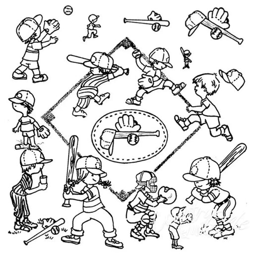 Baseball-themed cartoon drawing from Aunt Martha’s® Lil’ Leaguers countryside quilts collection