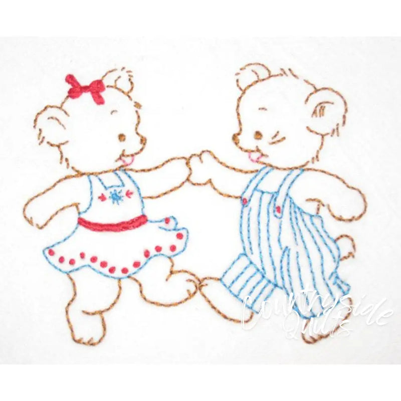 Embroidered dancing teddy bears on Aunt Martha’s® Lotsa Bears for countryside quilts