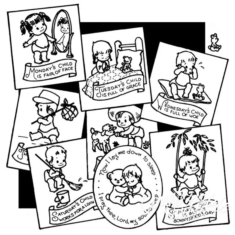 Vintage nursery rhyme illustrations in Aunt Martha’s® Mondays Child countryside quilts