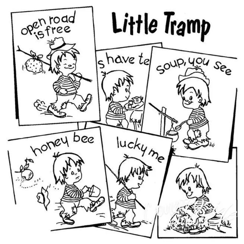 Cartoon drawings of a little tramp from Aunt Martha’s® countryside quilts collection