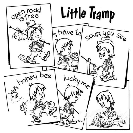 Cartoon drawings of a little tramp from Aunt Martha’s® countryside quilts collection