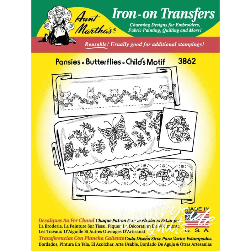 Iron-on embroidery transfers featuring child’s motif for Aunt Martha’s® countryside quilts