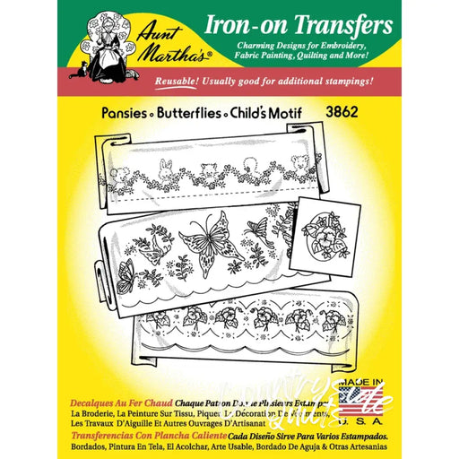 Iron-on embroidery transfers featuring child’s motif for Aunt Martha’s® countryside quilts