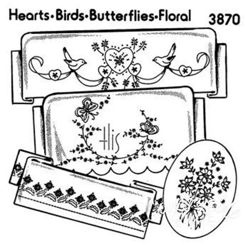 Embroidery pattern sheet for Aunt Marthas® #3870 featuring hearts, birds, butterflies, and floral designs for countryside quilts