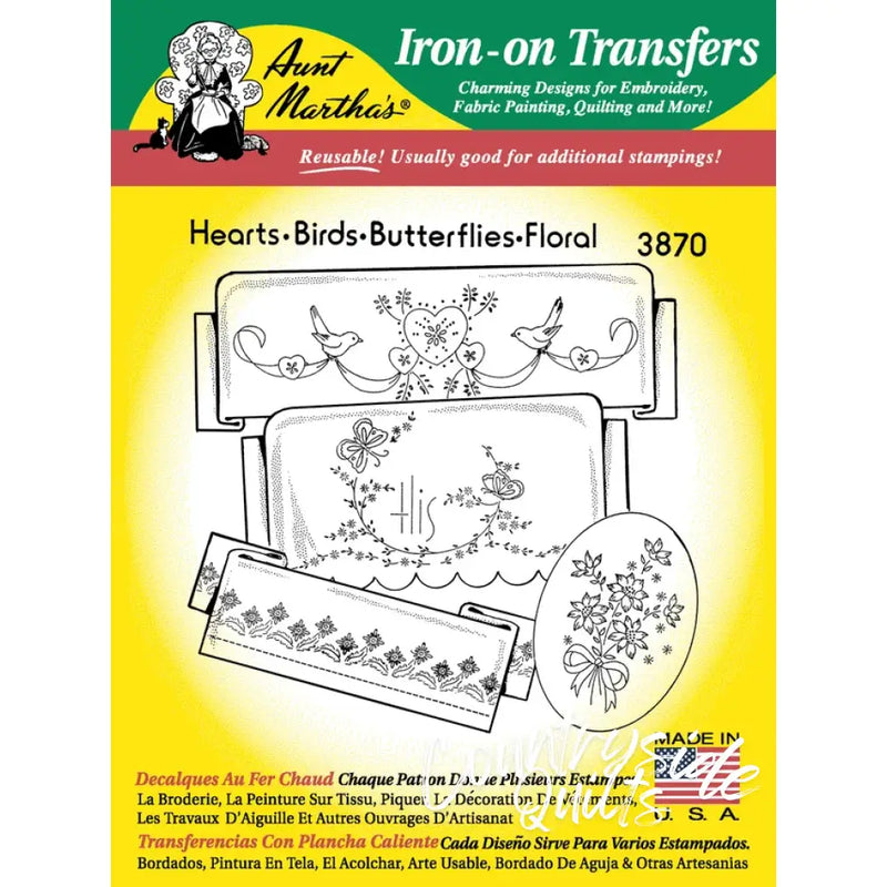 Aunt Marthas® iron-on transfer pattern featuring Hearts, Birds, Butterflies, Floral for countryside quilts