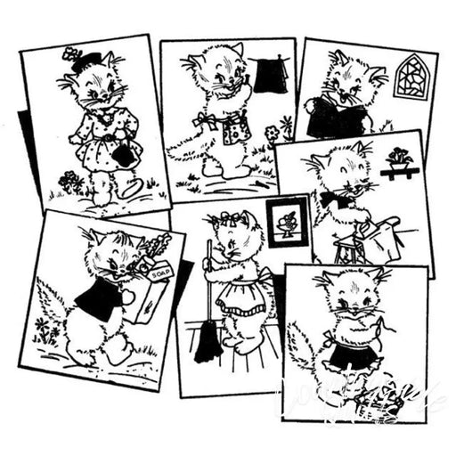 Cartoon kitten illustrations from Aunt Martha’s Miss Kitty Kat featured on Countryside Quilts