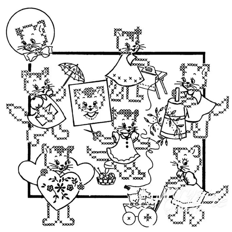 Cross-stitched kitten craft scene from Aunt Martha’s® Purr-sonality Kat for countryside quilts