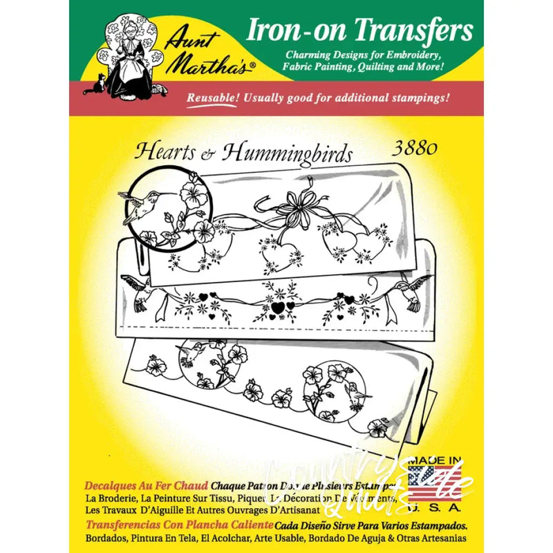 Aunt Marthas® hearts & hummingbirds iron-on transfers for countryside quilts