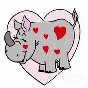 Cute cartoon rhinoceros with red hearts, perfect for Aunt Martha’s® whimsical animals collection