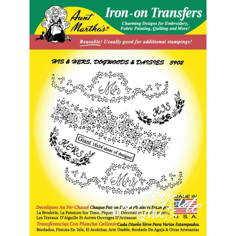 Aunt Marthas® iron-on transfer sheet with Dogwoods & Daisies design for Countryside Quilts