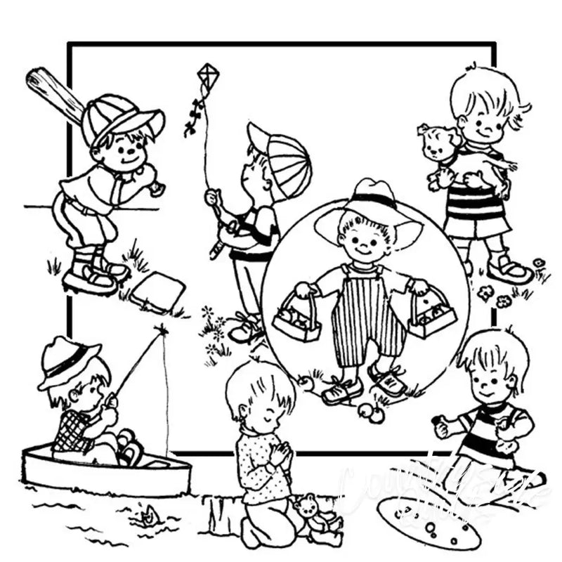 Children playing with Aunt Martha’s® boy tea towels over countryside quilts for cozy appeal