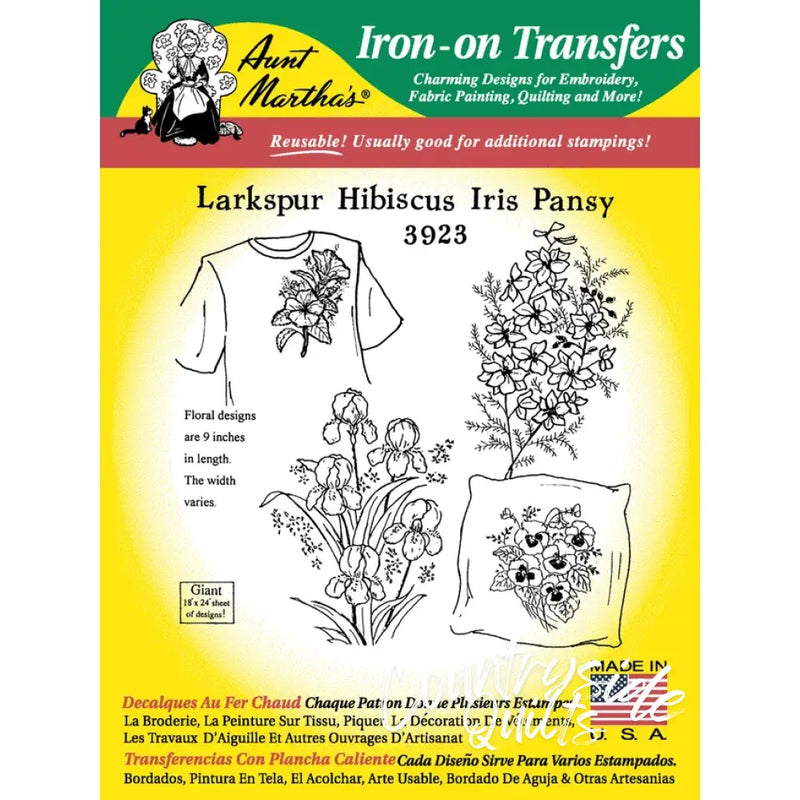 Iron-on embroidery transfer sheet featuring large larkspur and countryside quilts design by Aunt Martha’s®