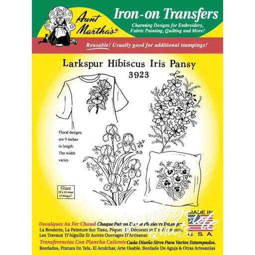Iron-on embroidery transfer sheet featuring large larkspur and countryside quilts design by Aunt Martha’s®