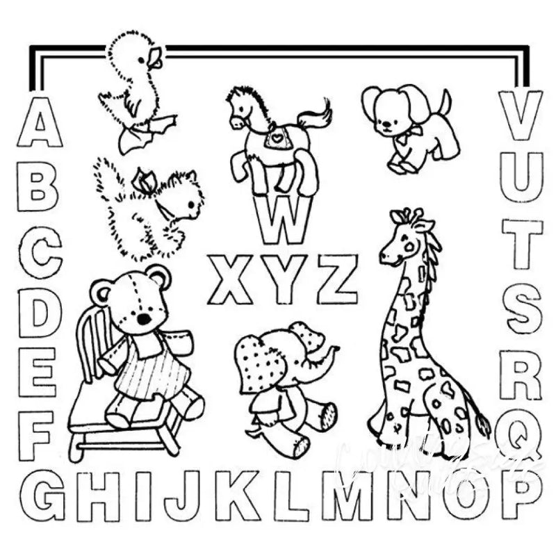 Alphabet-themed coloring page with toys from Aunt Martha’s Kid’s Letter Sampler countryside quilts