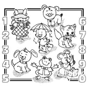 Cartoon animal illustrations on Aunt Martha’s® Kid’s Number Sampler for countryside quilts