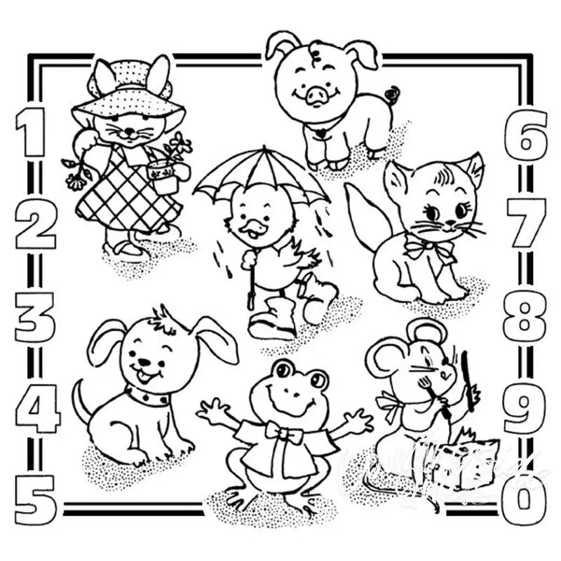 Cartoon animal illustrations on Aunt Martha’s® Kid’s Number Sampler for countryside quilts