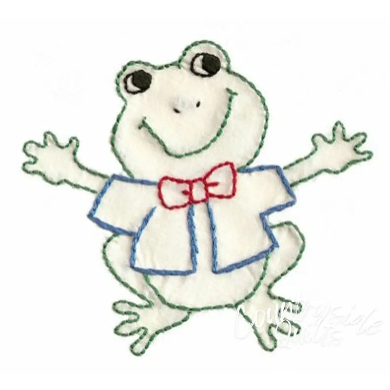 Embroidered frog with bow tie and shirt on Aunt Marthas® Kid’s Number Sampler for countryside quilts