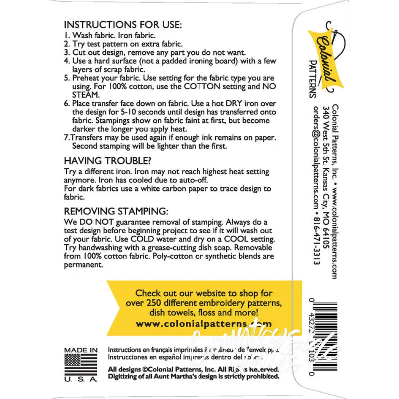 Embroidery pattern transfer instructions for Aunt Martha’s® Kid’s Number Sampler from Countryside Quilts