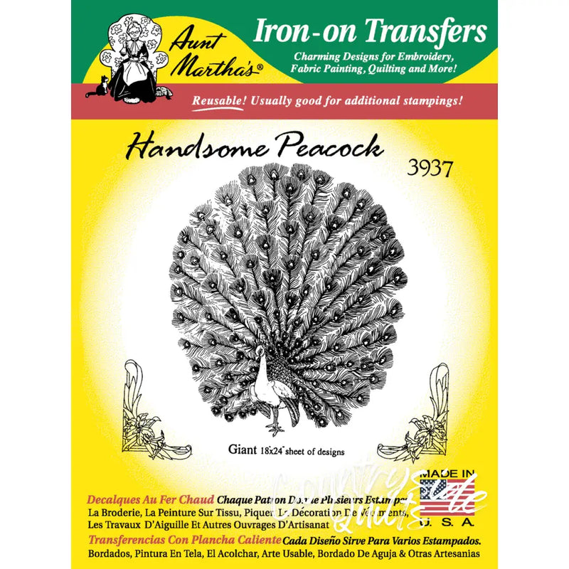 Iron-on transfer sheet for embroidery featuring Handsome Peacock design from Aunt Martha’s® for countryside quilts
