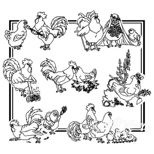 Cartoon chickens performing human activities on Aunt Marthas® Chicken Delight countryside quilts