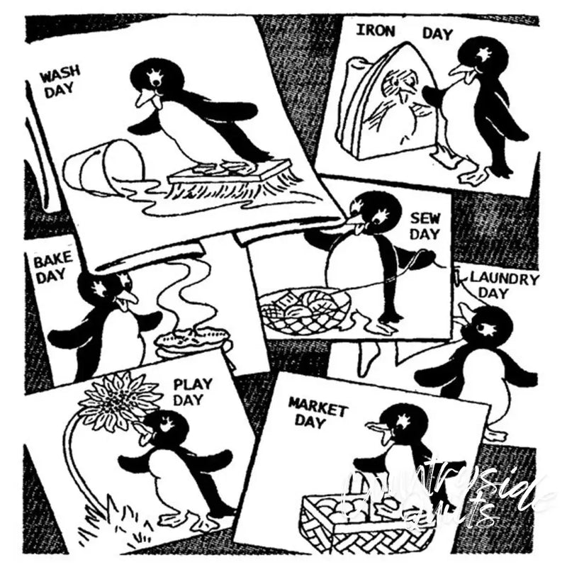 Aunt Martha’s® countryside quilts with Penny the Penguin chore illustrations for compare select