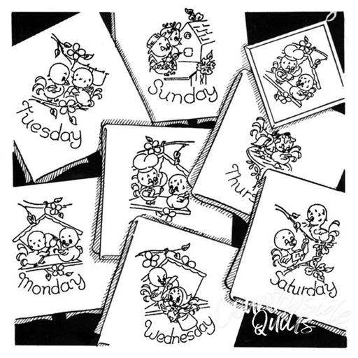 Embroidery squares with days of the week featuring love birds for Aunt Martha’s® countryside quilts