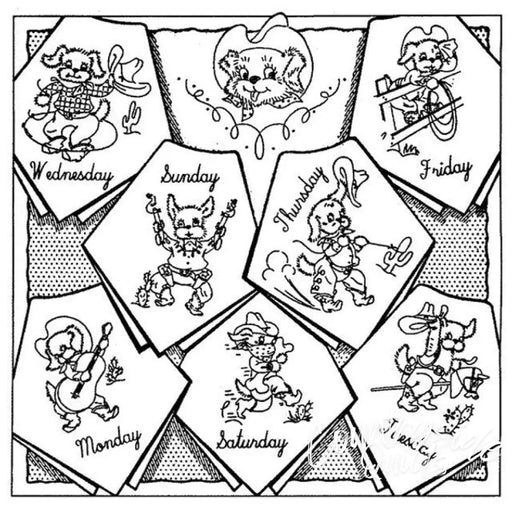 Cartoon dog days of the week embroidery pattern for countryside quilts by Aunt Martha’s®