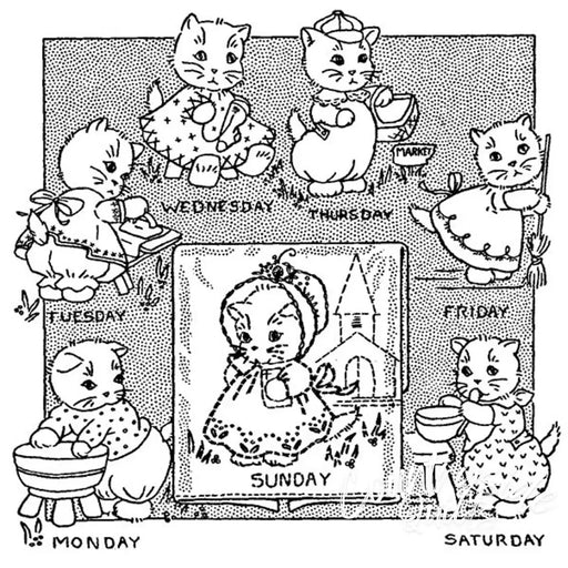 Illustration of kitten chores for Aunt Martha’s® countryside quilts featuring kitten-themed days of the week