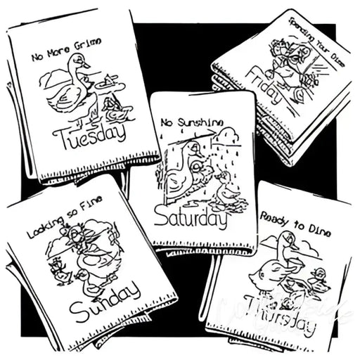Duck-themed day-of-the-week dish towels from Aunt Marthas Duck Tales collection featuring countryside quilts