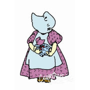 Cartoon elephant holding a doll from Aunt Martha’s® Bonnie Bonnet collection with countryside quilts