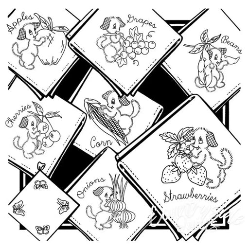 Embroidered handkerchiefs with veggie pup and produce from Aunt Martha’s® countryside quilts