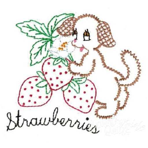 Embroidered veggie pup with strawberries on Aunt Martha’s® countryside quilts for the Fruit and Veggie Pup
