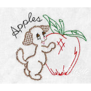 Embroidered veggie pup hugging an apple on Aunt Marthas countryside quilts fabric