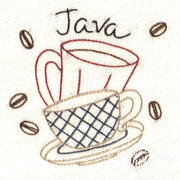 Embroidered coffee cups and beans on Aunt Martha’s® Java Break countryside quilts