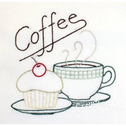 Embroidered coffee and cupcake design on Aunt Marthas Java Break countryside quilts pattern