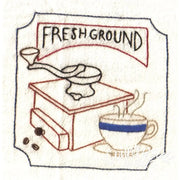 Embroidered coffee-themed design on Aunt Marthas Java Break fabric from Countryside Quilts