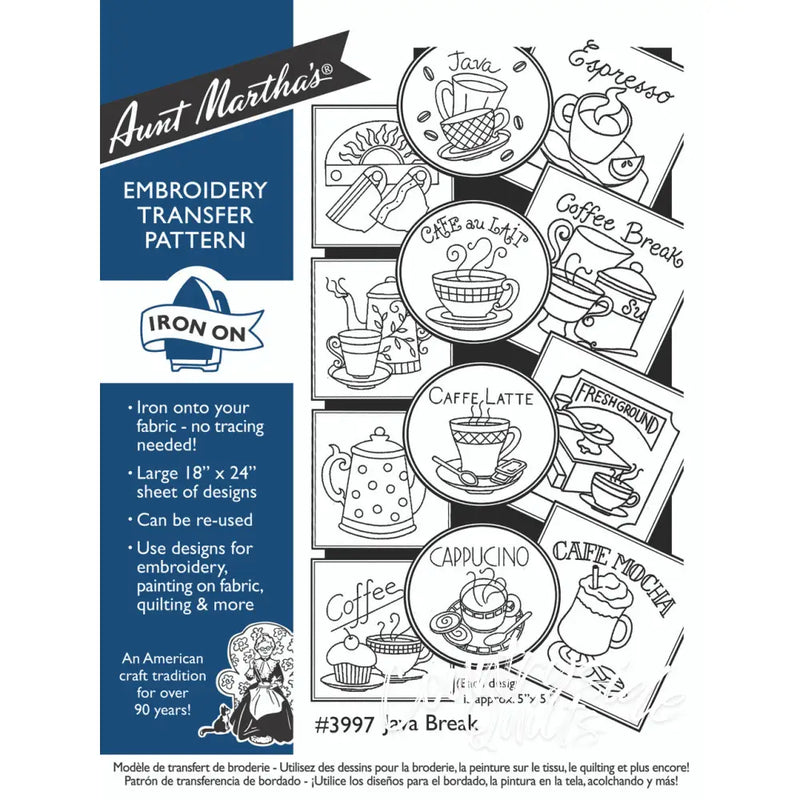 Embroidery transfer pattern with coffee-themed designs for Aunt Martha’s® Java Break countryside quilts