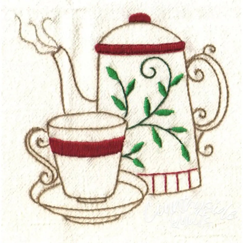 Embroidered teapot and teacup design from Aunt Marthas Java Break for countryside quilts