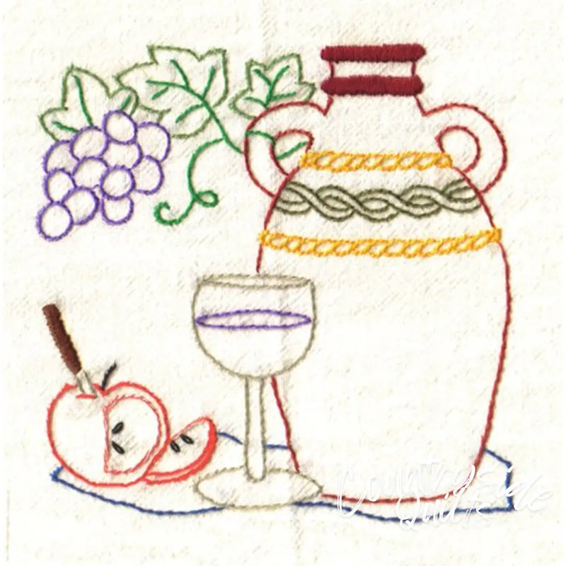 Embroidered still life on Aunt Marthas Wine Country countryside quilt for elegant decor