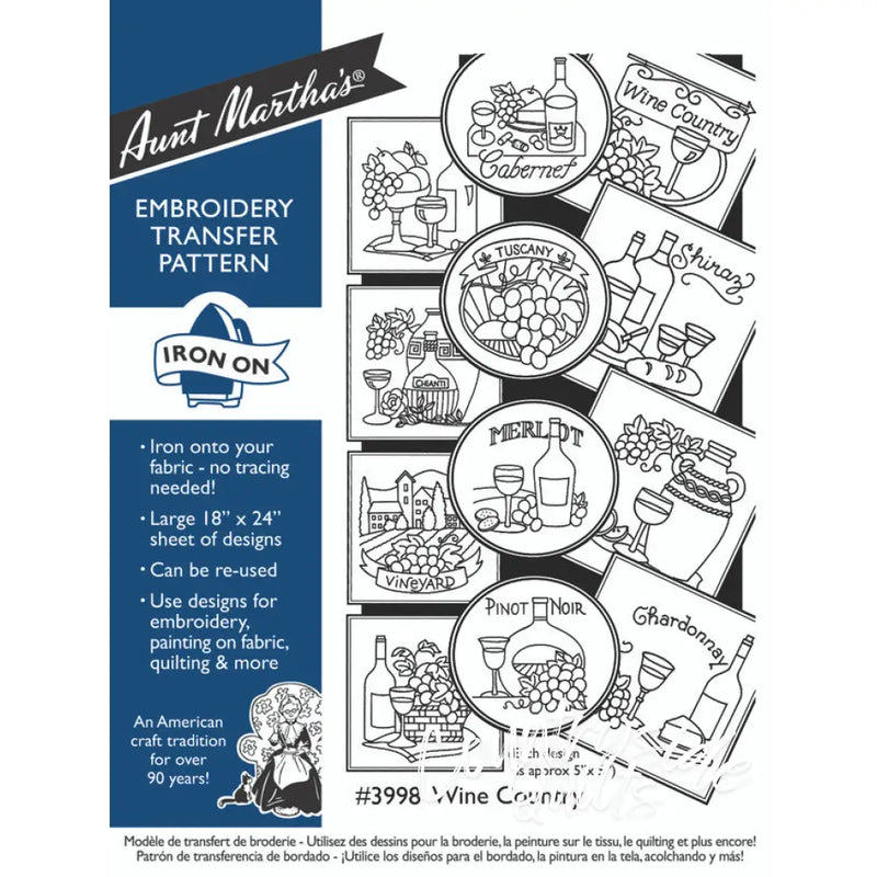 Wine-themed embroidery transfer pattern from Aunt Martha’s Wine Country collection for countryside quilts