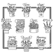 Herb garden illustrations for Aunt Martha’s® Superb Herbs on countryside quilts backdrop