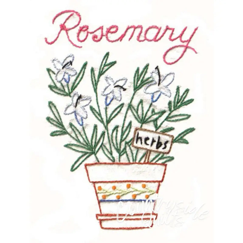 Embroidered rosemary plant in decorated pot from Aunt Marthas Superb Herbs collection