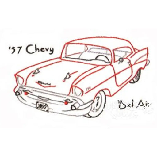 Red and gray 57 Chevy Bel Air drawing on Aunt Marthas Road Rage quilt for countryside quilts