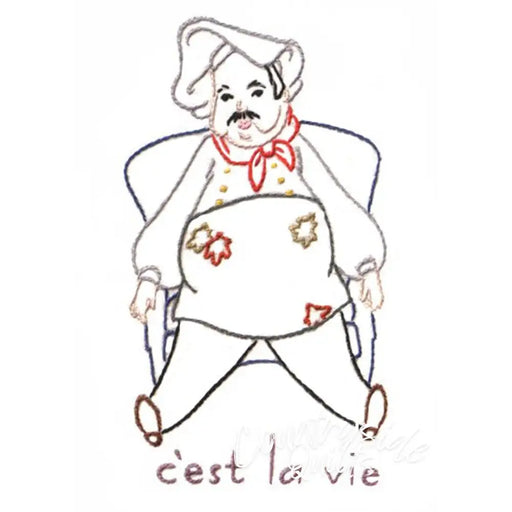 Embroidered chef sitting in a chair on Aunt Marthas® countryside quilts for compare select